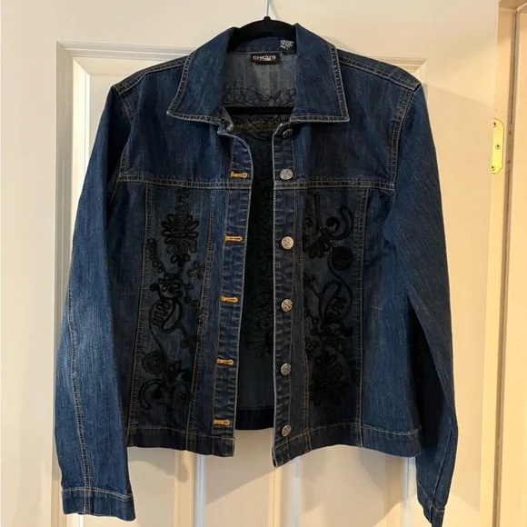 Chico's Blue and Black Embroidered Jean Jacket - Picture 1 of 5